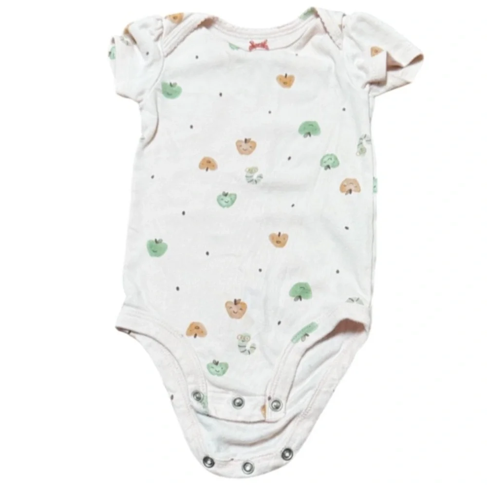 Carter’s blush pink apple worm print baby girl bodysuit size 6M